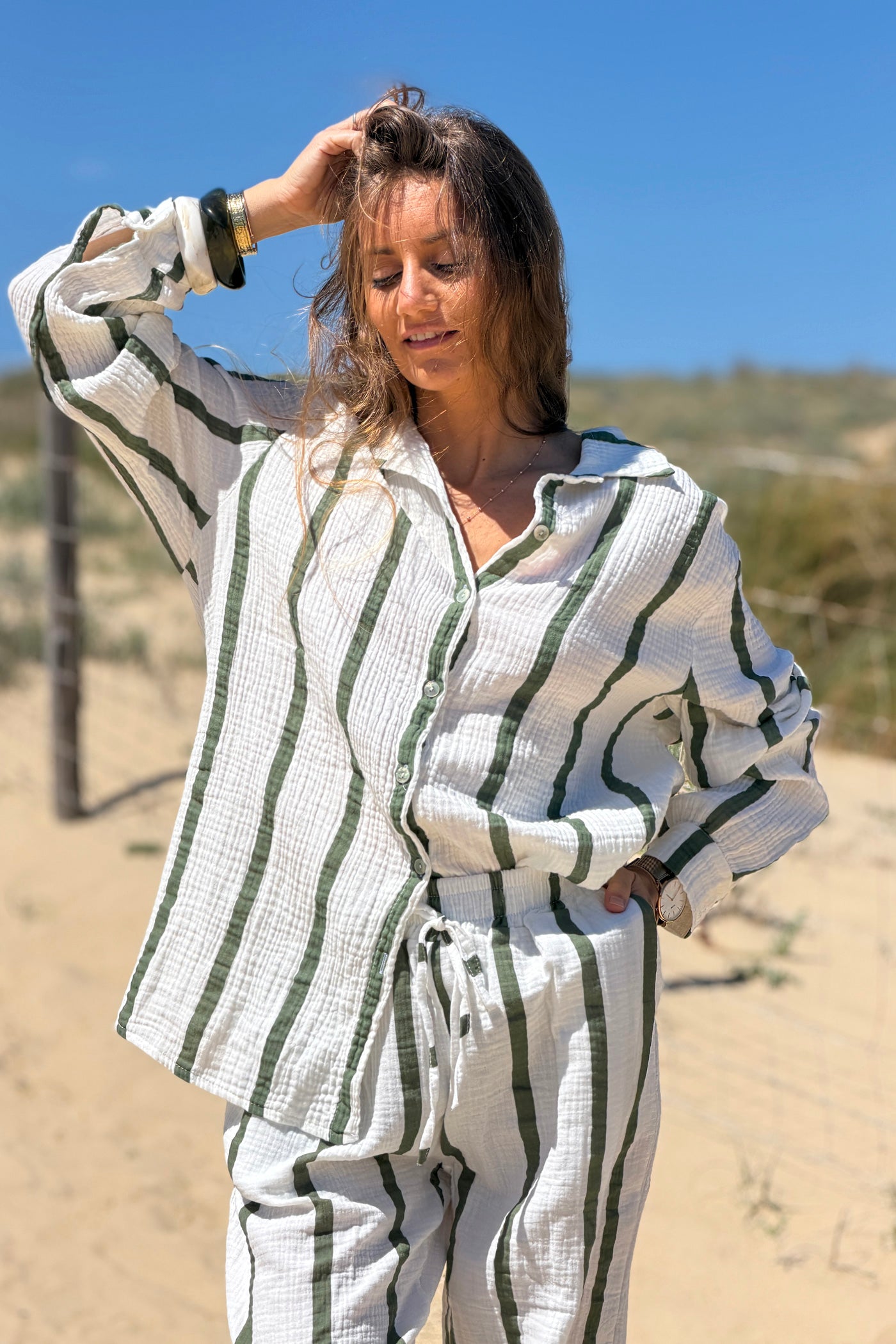 Camisa Blanca Amplia Gasa Algodón Rayas Kaki