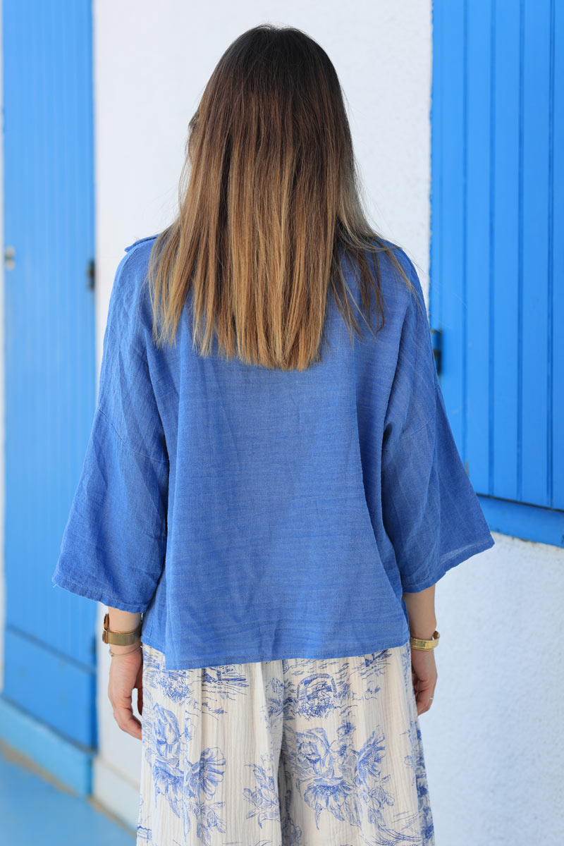 Camisa Azul Rey Suave Algodón Mangas 3/4 Bolsillos