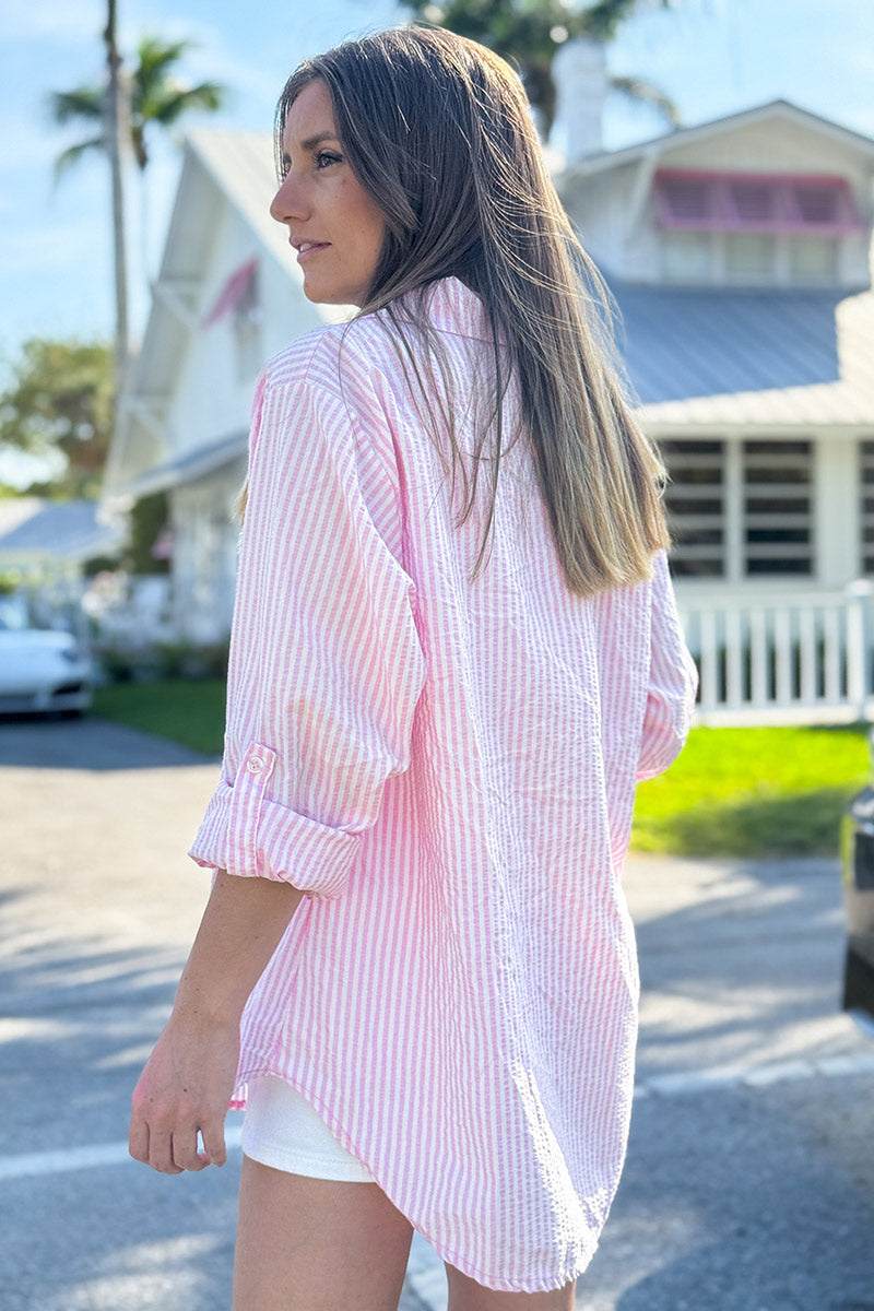 Camisa Algodón Seersucker Rayas Verticales Rosa Pálido