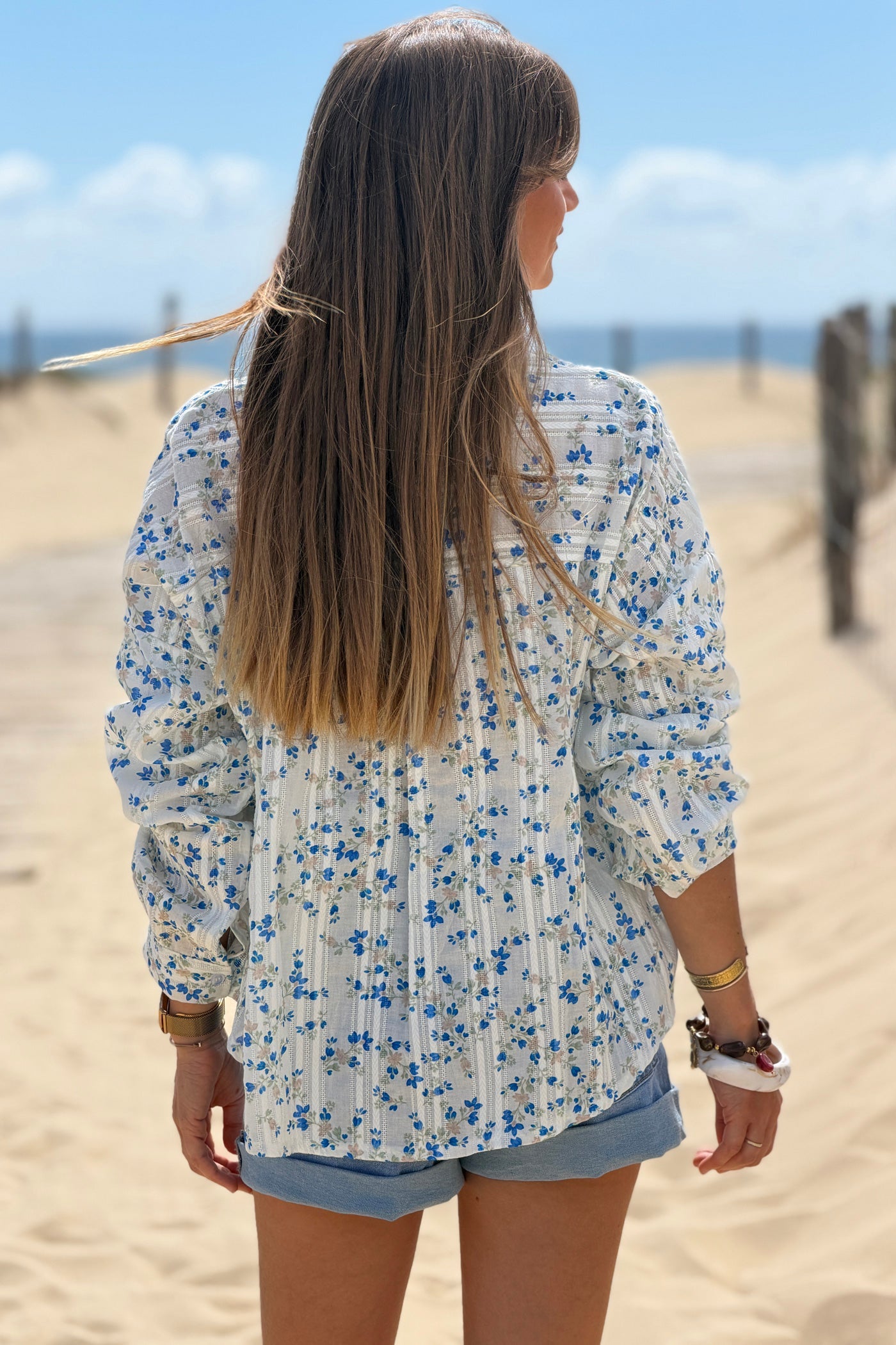 Camisa Algodón Pequeñas Flores Azules Rayas Bordado Calado