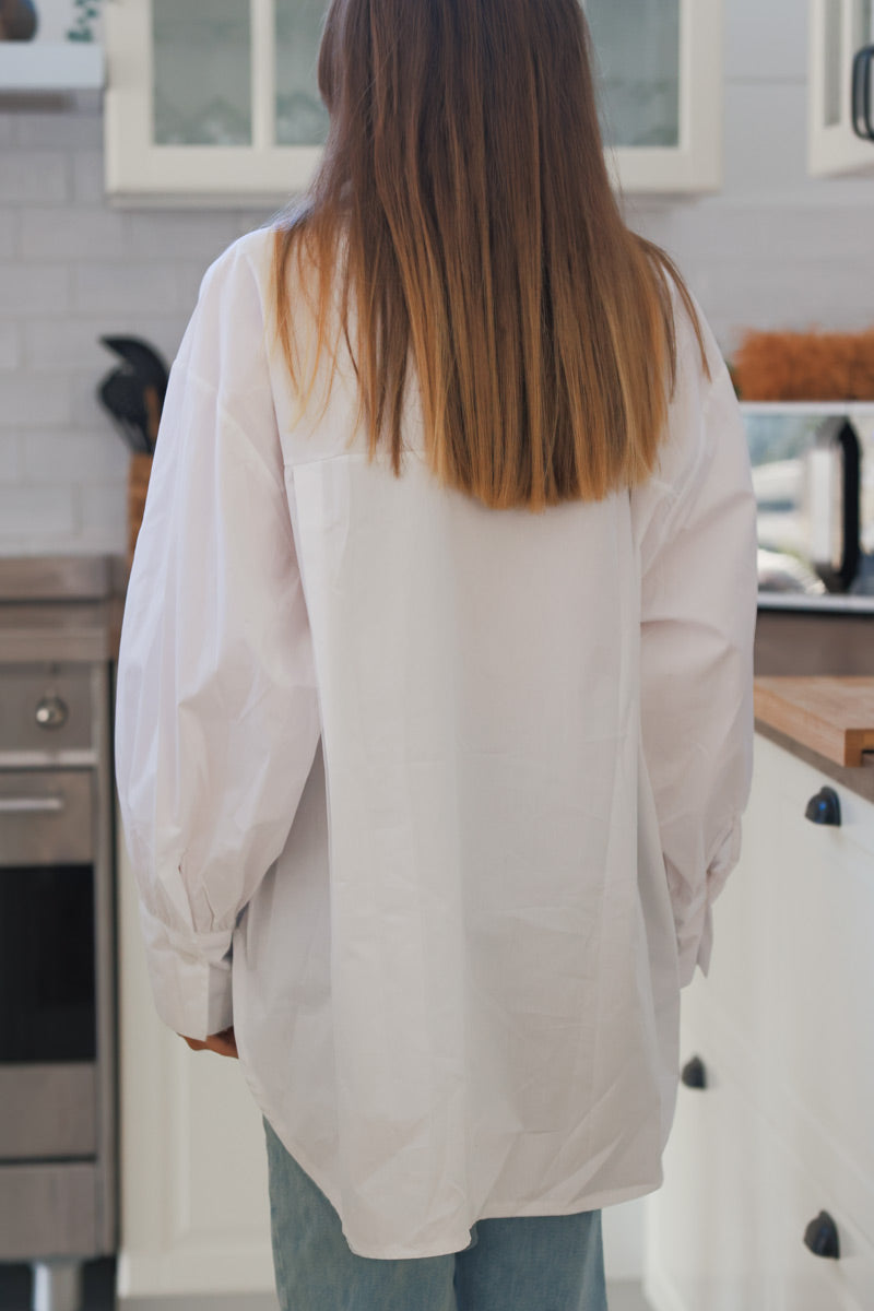 Camisa Oversize Blanca Algodón Bordado Palmeras Lentejuelas