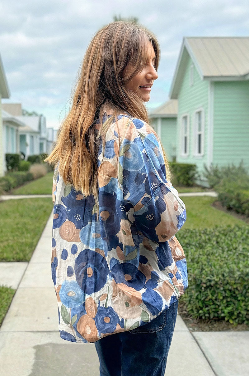Camisa Voile Algodón Flores Acuarela Tonos Azules