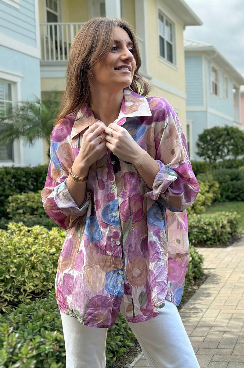 Camisa Voile Algodón Flores Acuarela Tonos Violetas
