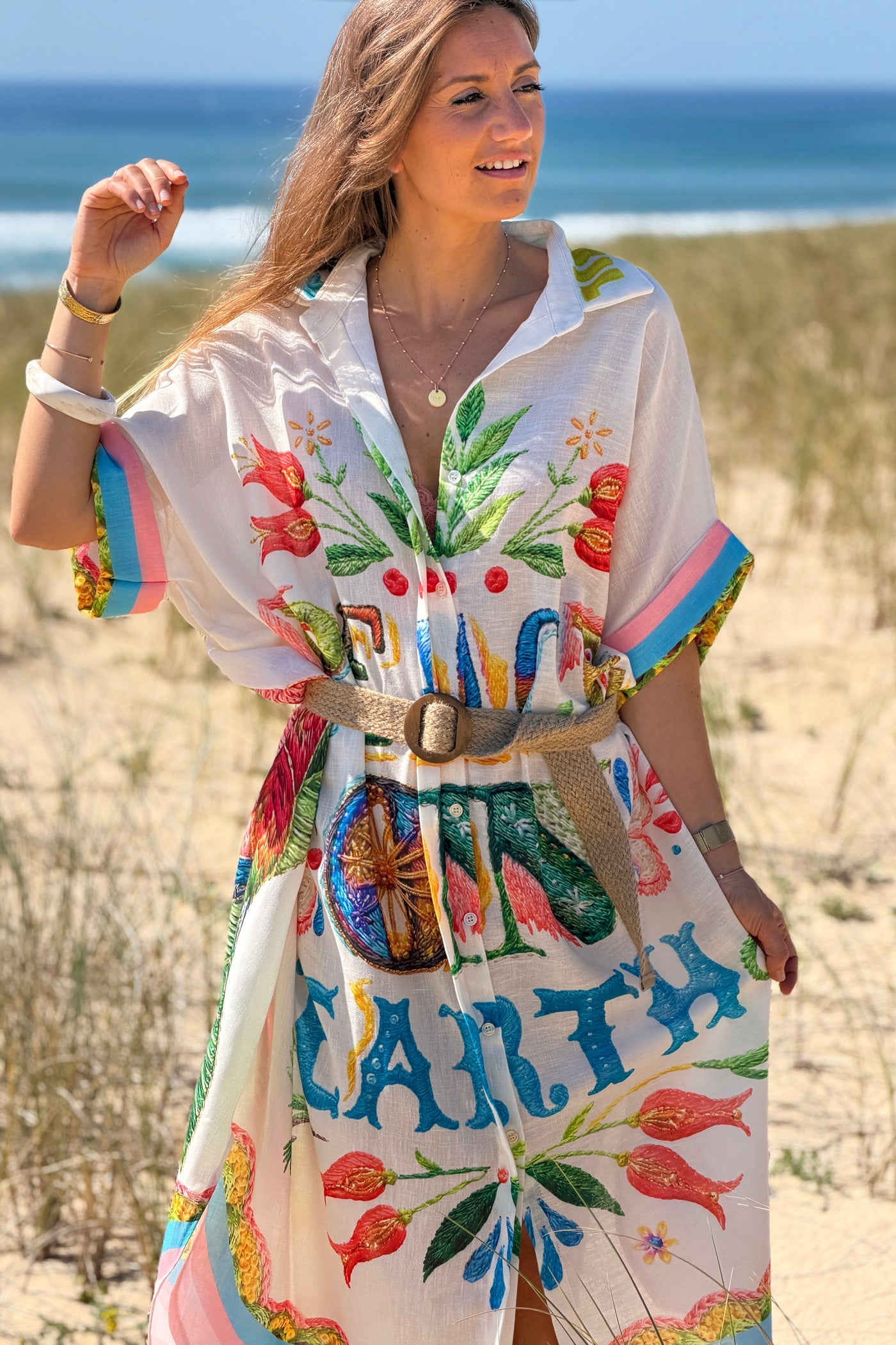 Vestido Camisa Largo Amplio Algodón Estampado Peace on Earth y Flores
