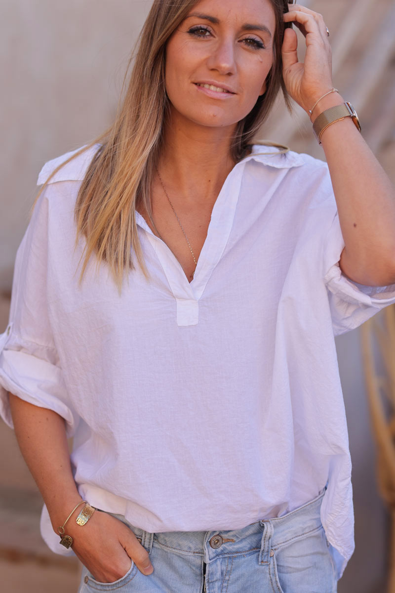 Túnica Blanca Algodón Cuello Camisa Mangas Enrollables