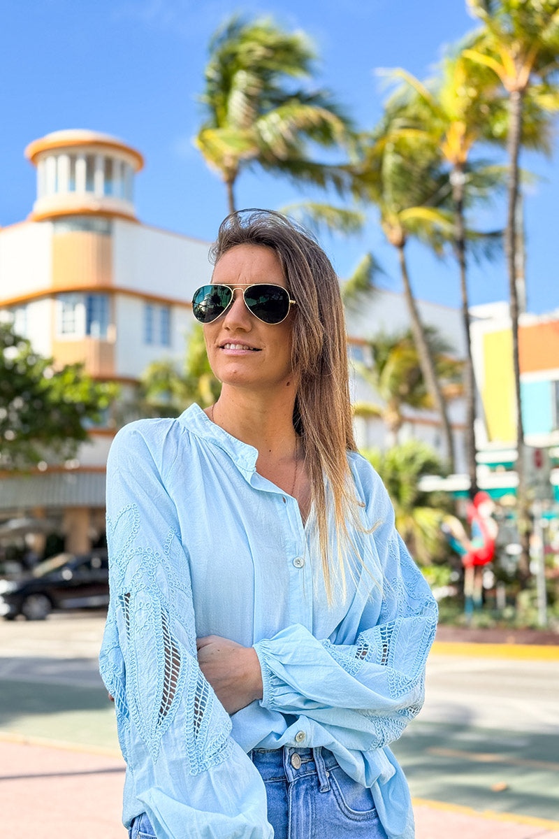 Camisa Túnica Azul Cielo Botones Mangas Crochet