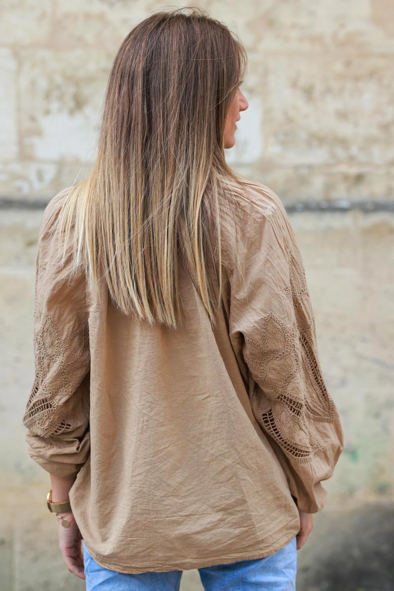 Camisa Túnica Camel Botones Mangas Crochet