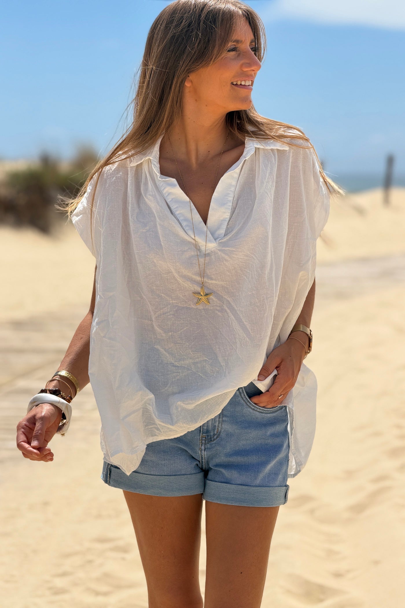 Blusa Blanca Voile Algodón Amplia Cuello V Mangas Cortas