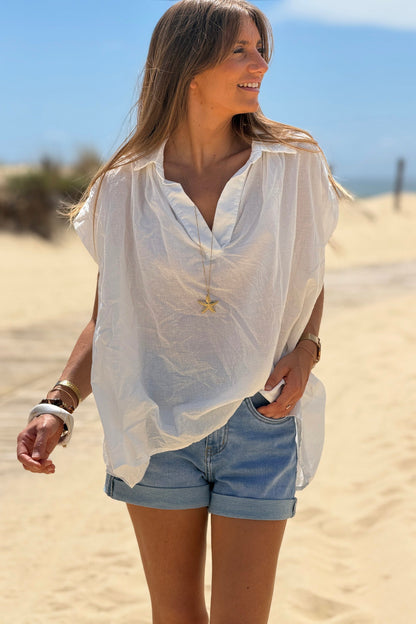 Blusa Blanca Voile Algodón Amplia Cuello V Mangas Cortas