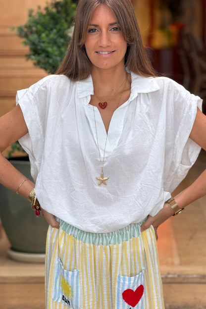 Blusa Blanca Voile Algodón Amplia Cuello V Mangas Cortas
