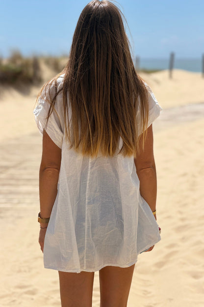 Blusa Blanca Voile Algodón Amplia Cuello V Mangas Cortas