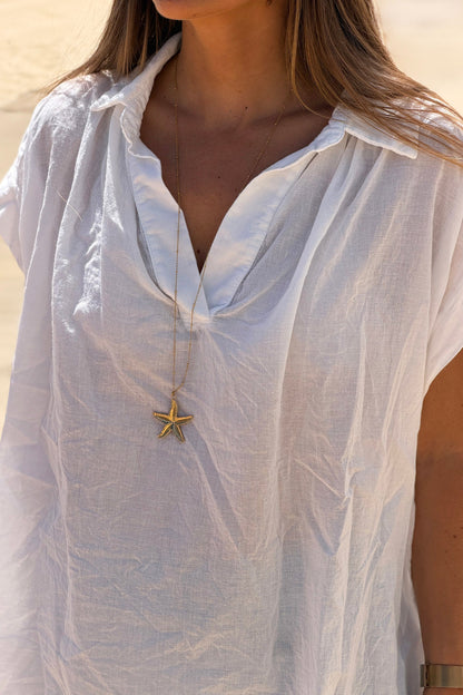 Blusa Blanca Voile Algodón Amplia Cuello V Mangas Cortas