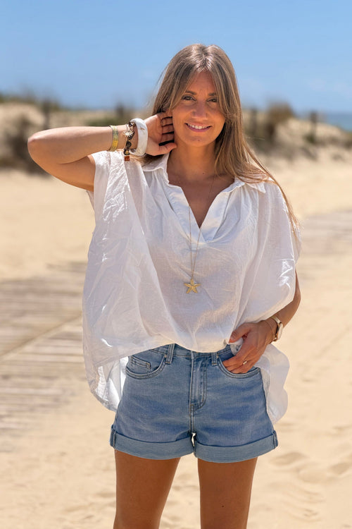 Blusa Blanca Voile Algodón Amplia Cuello V Mangas Cortas