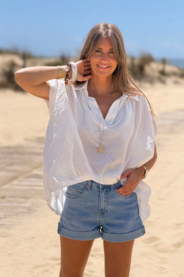 Blusa Blanca Voile Algodón Amplia Cuello V Mangas Cortas