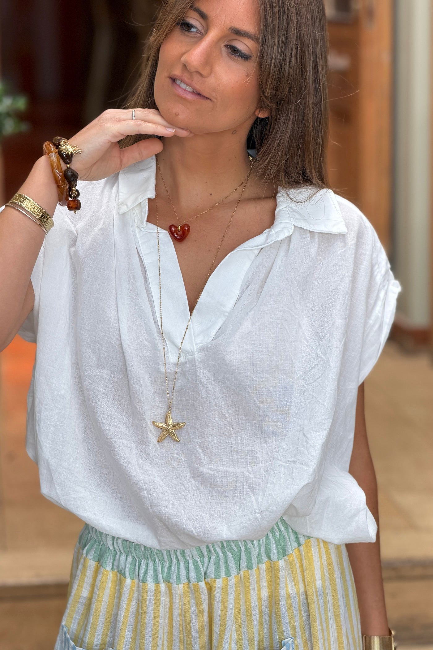 Blusa Blanca Voile Algodón Amplia Cuello V Mangas Cortas