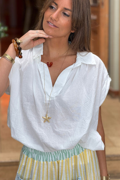 Blusa Blanca Voile Algodón Amplia Cuello V Mangas Cortas
