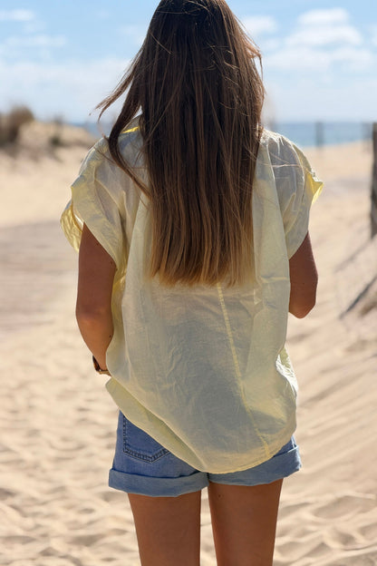 Blusa Amarilla Pálida Voile Algodón Amplia Cuello V Mangas Cortas