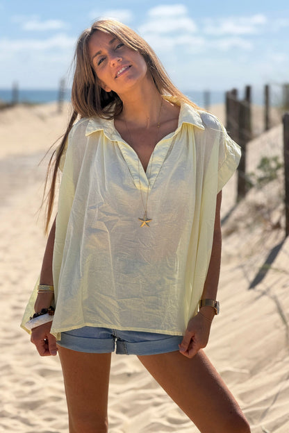 Blusa Amarilla Pálida Voile Algodón Amplia Cuello V Mangas Cortas