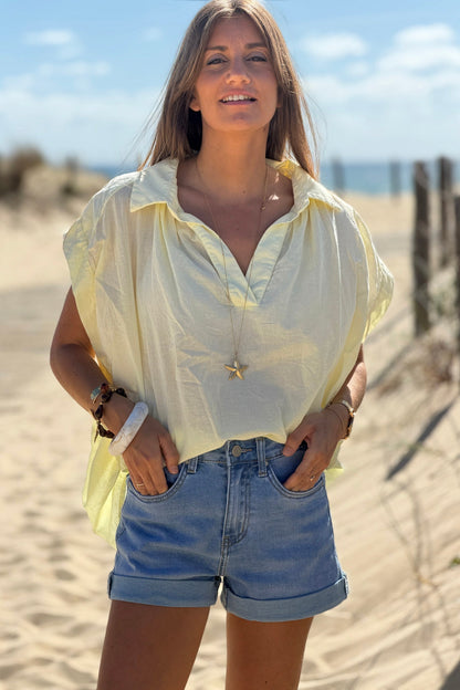 Blusa Amarilla Pálida Voile Algodón Amplia Cuello V Mangas Cortas