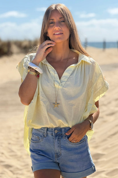 Blusa Amarilla Pálida Voile Algodón Amplia Cuello V Mangas Cortas
