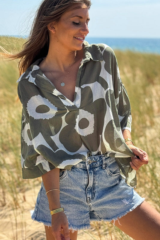 Blusa Ligera Voile Algodón Flores Kaki Cuello V