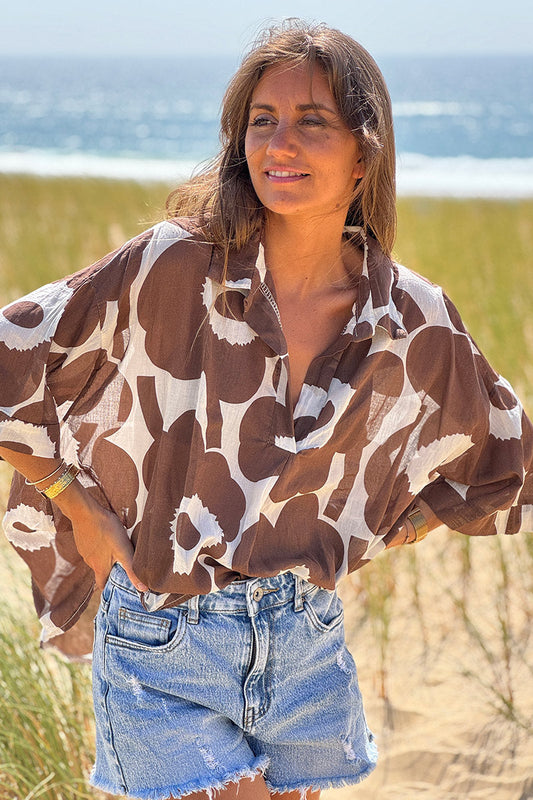 Blusa Ligera Voile Algodón Cruda Flores Marrones Cuello V