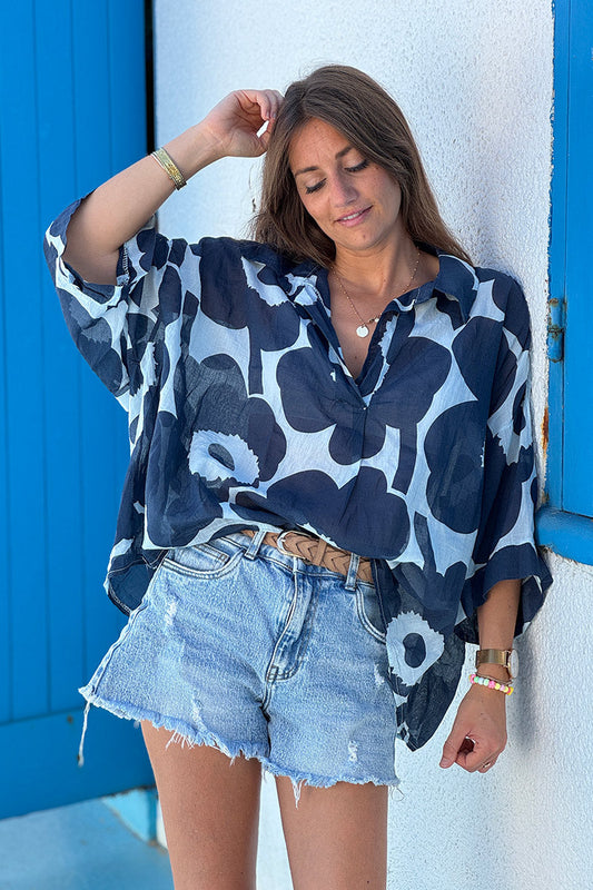 Blusa Ligera Voile Algodón Flores Azul Marino Cuello V