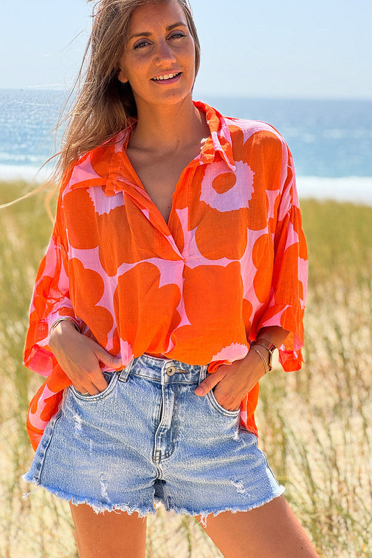 Blusa Ligera Voile Algodón Rosa Flores Naranjas Cuello V
