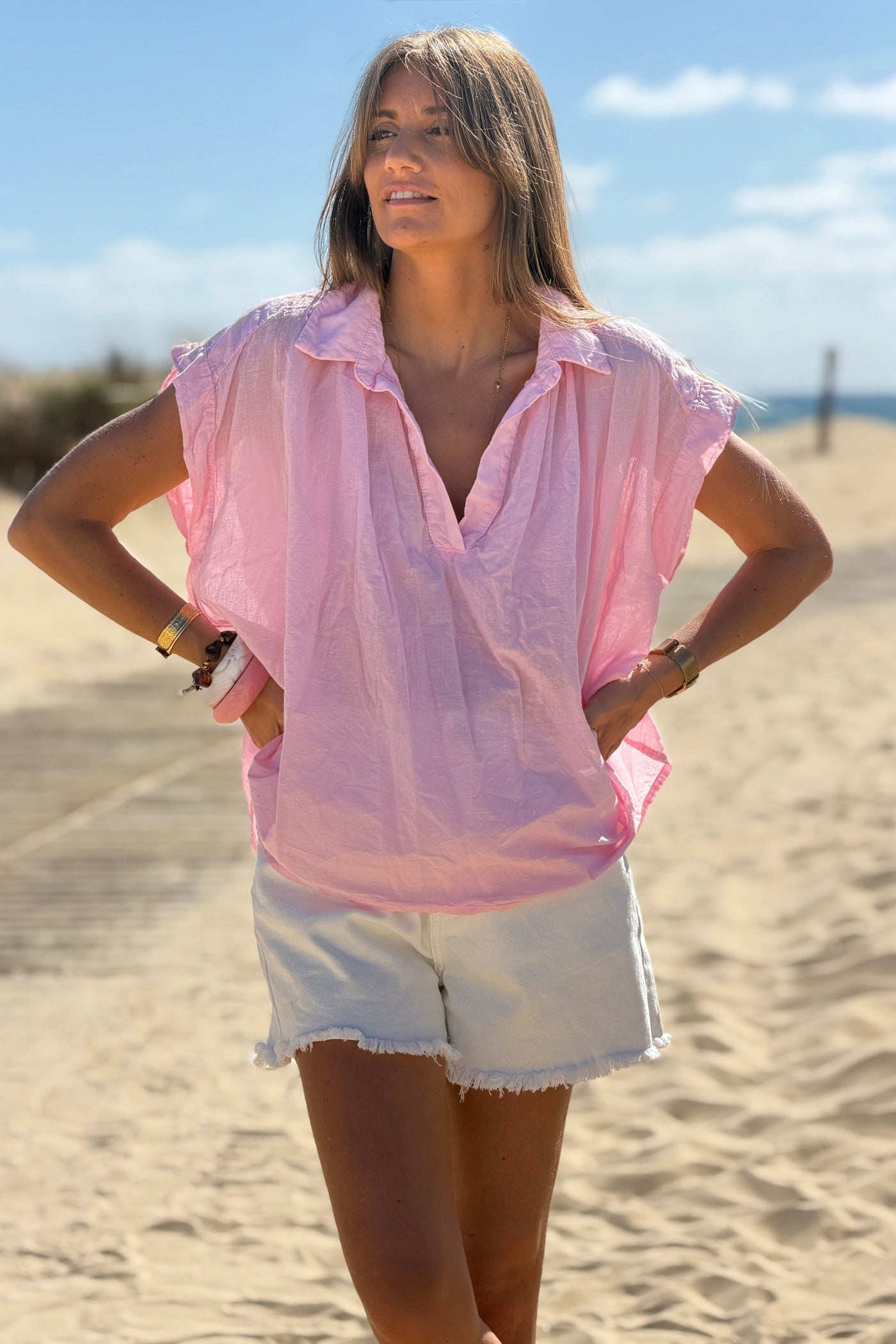 Blusa Rosa Voile Algodón Amplia Cuello V Mangas Cortas
