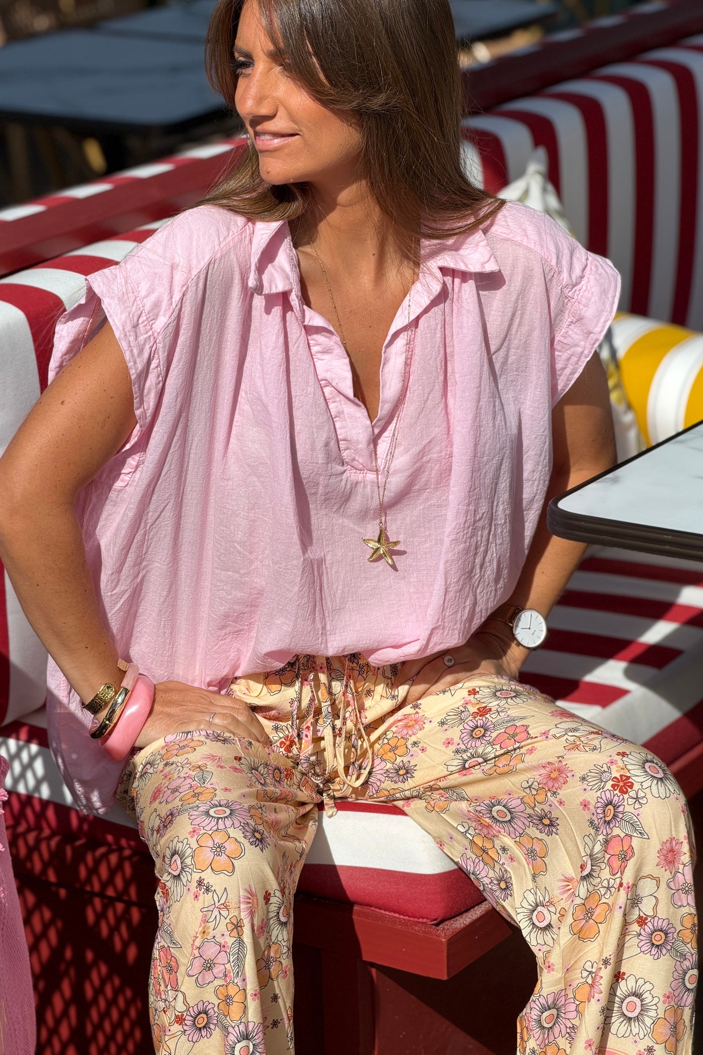 Blusa Rosa Voile Algodón Amplia Cuello V Mangas Cortas
