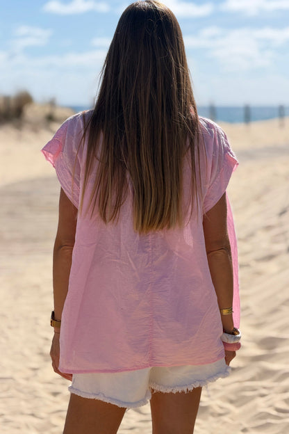 Blusa Rosa Voile Algodón Amplia Cuello V Mangas Cortas