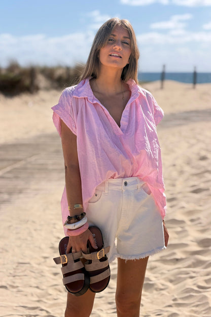 Blusa Rosa Voile Algodón Amplia Cuello V Mangas Cortas