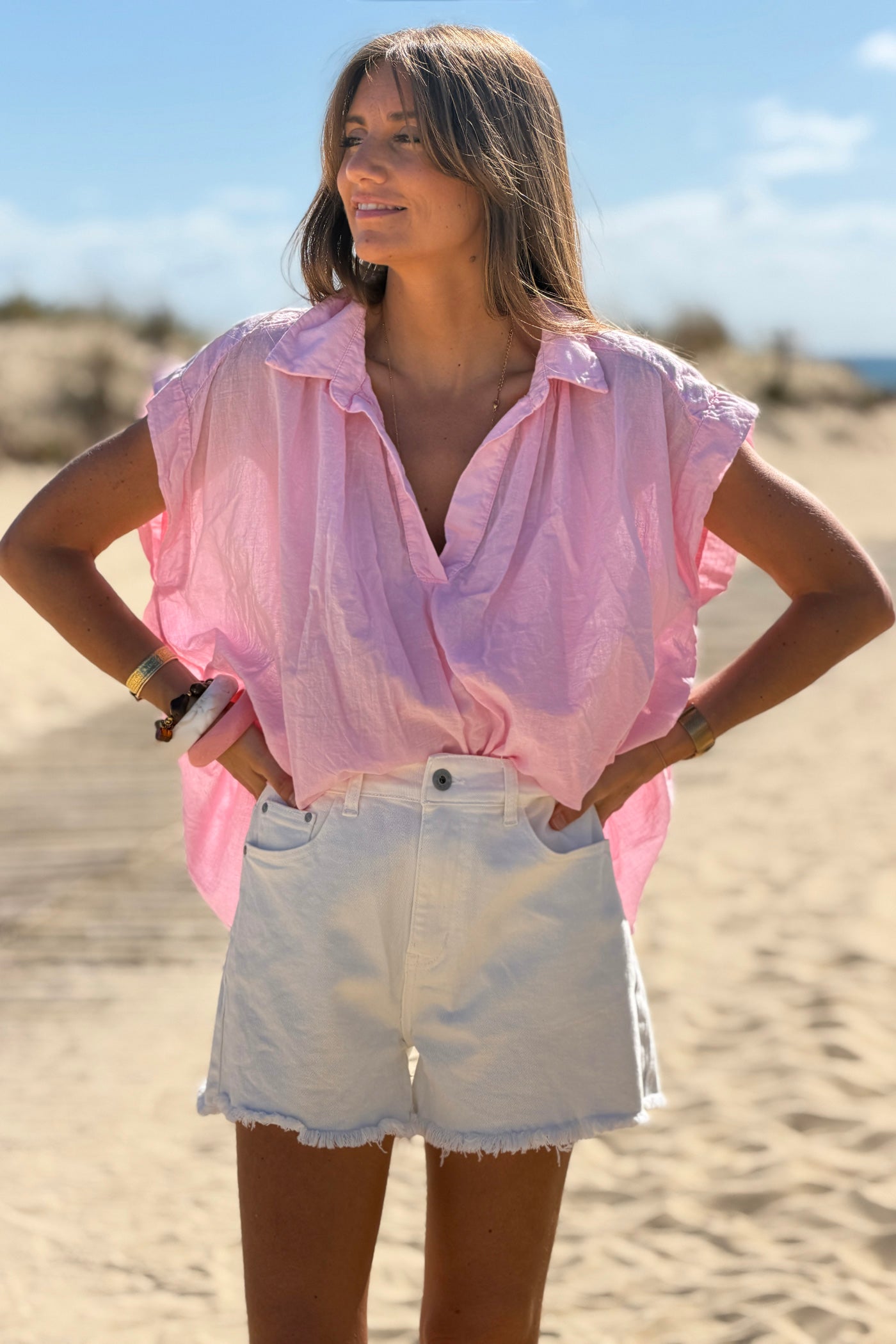 Blusa Rosa Voile Algodón Amplia Cuello V Mangas Cortas