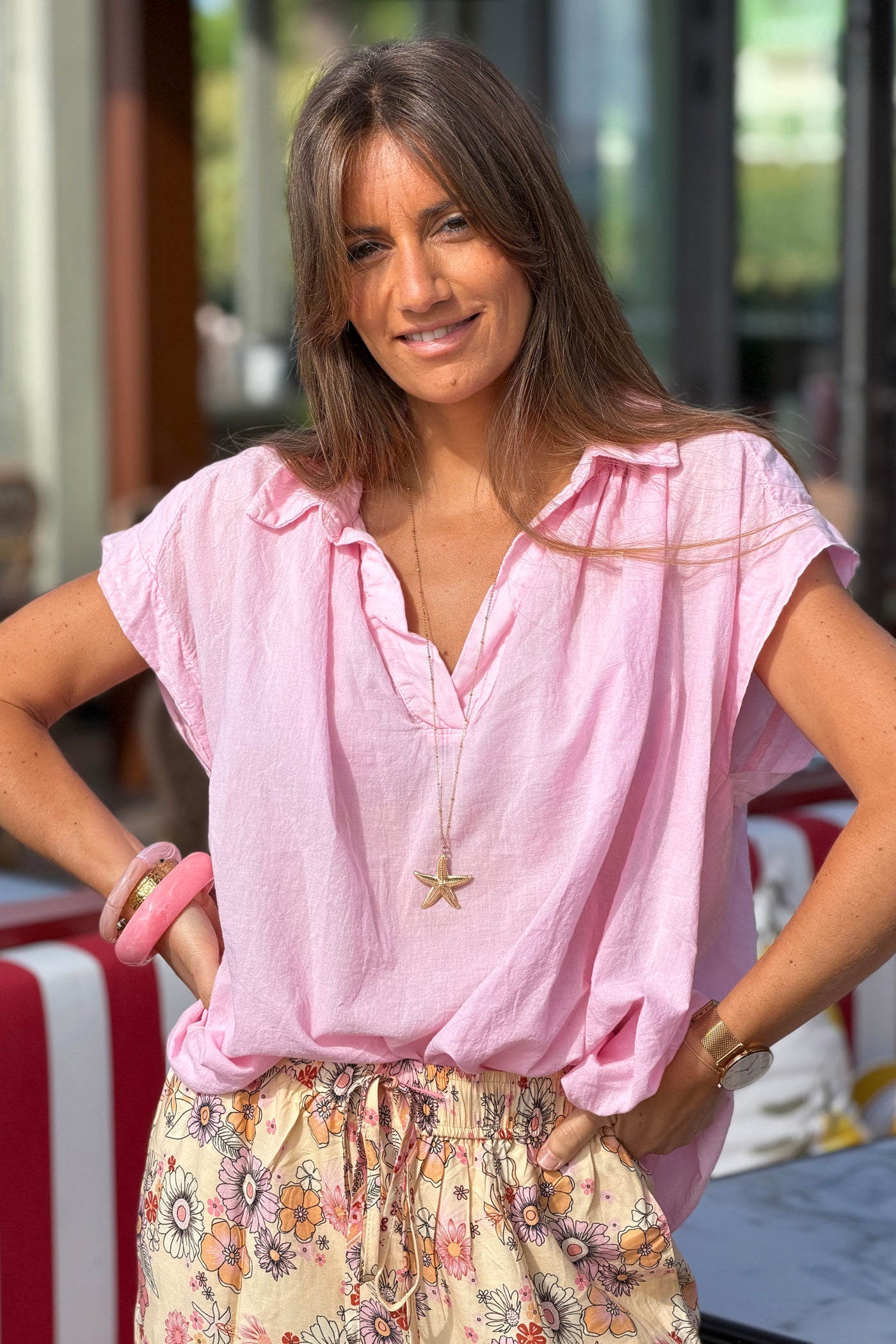 Blusa Rosa Voile Algodón Amplia Cuello V Mangas Cortas