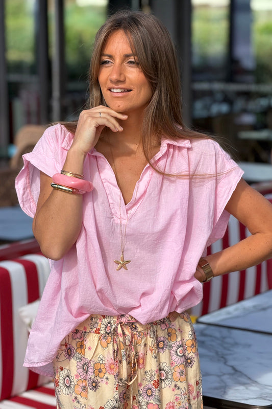 Blusa Rosa Voile Algodón Amplia Cuello V Mangas Cortas