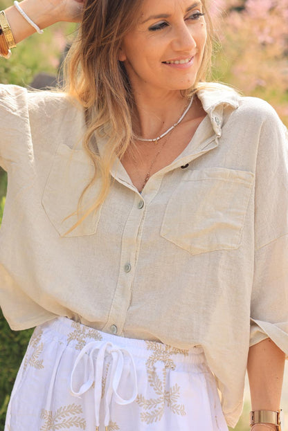 Camisa Beige Suave Algodón Mangas 3/4 Bolsillos