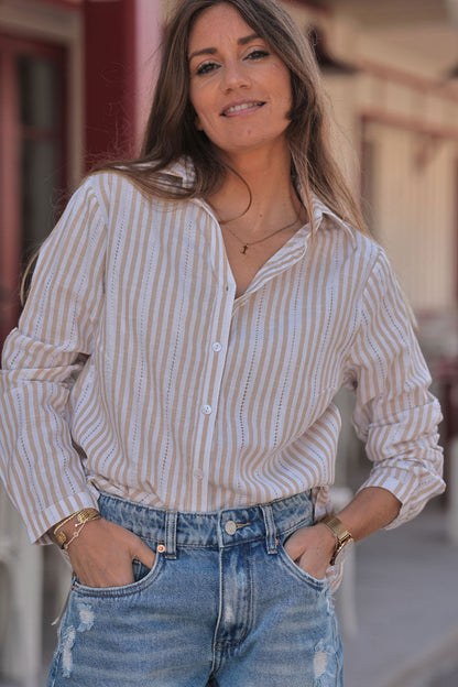 Camisa Blanca Rayas Beige Detalles Calados