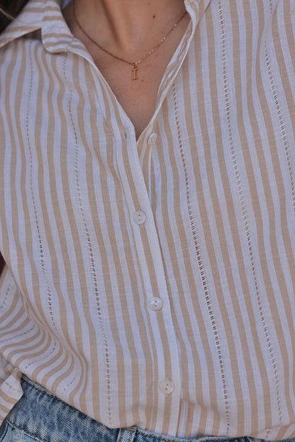 Camisa Blanca Rayas Beige Detalles Calados