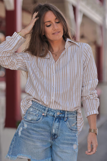 Camisa Blanca Rayas Beige Detalles Calados