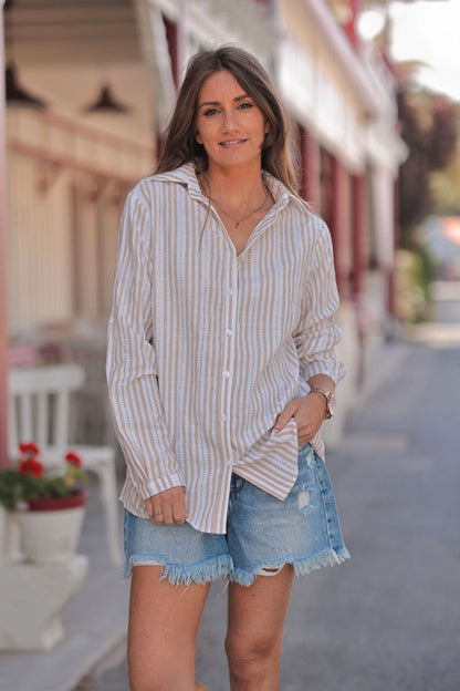 Camisa Blanca Rayas Beige Detalles Calados