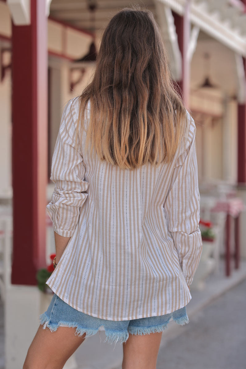 Camisa Blanca Rayas Beige Detalles Calados
