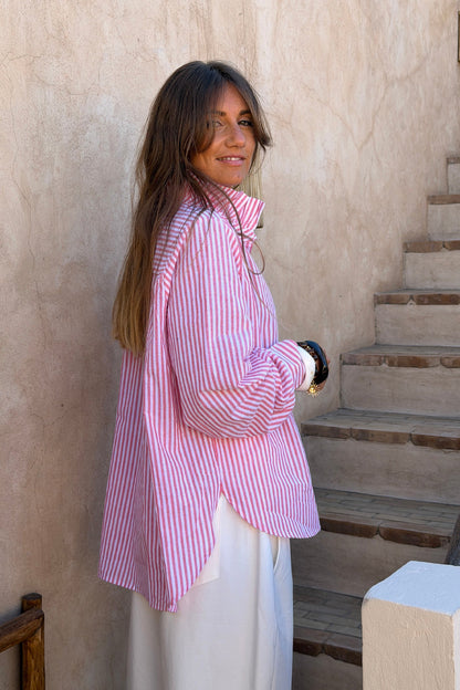 Camisa Blanca Algodón Rayas Coral Cuello Victoriano