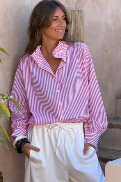 Camisa Blanca Algodón Rayas Coral Cuello Victoriano