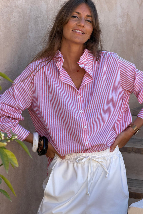 Camisa Blanca Algodón Rayas Coral Cuello Victoriano