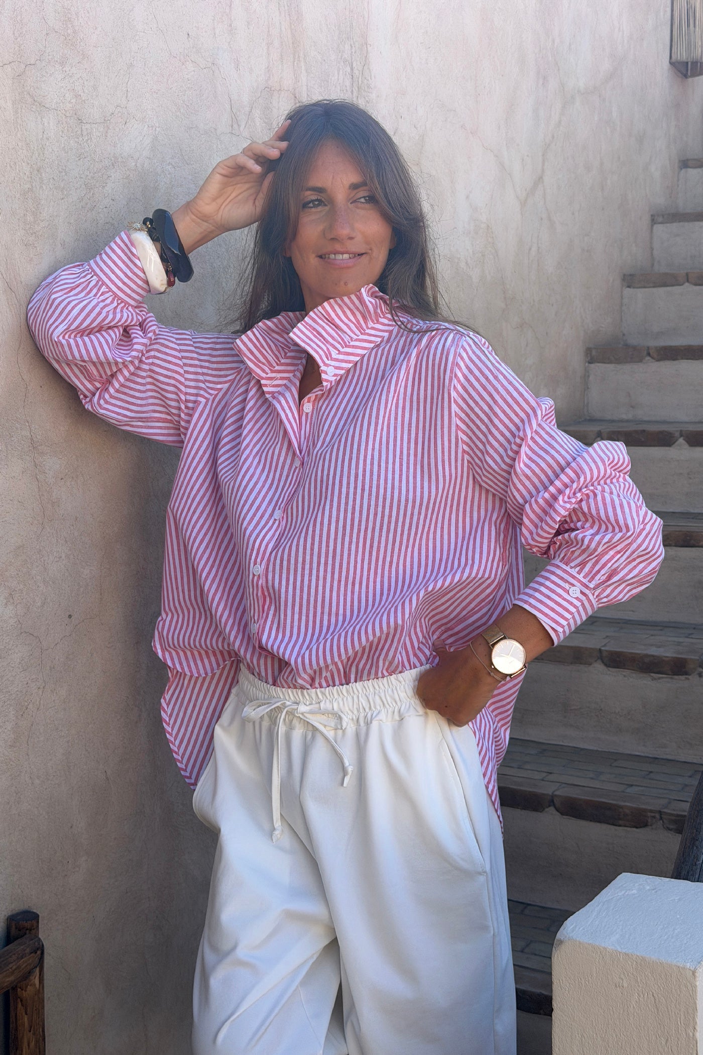 Camisa Blanca Algodón Rayas Coral Cuello Victoriano