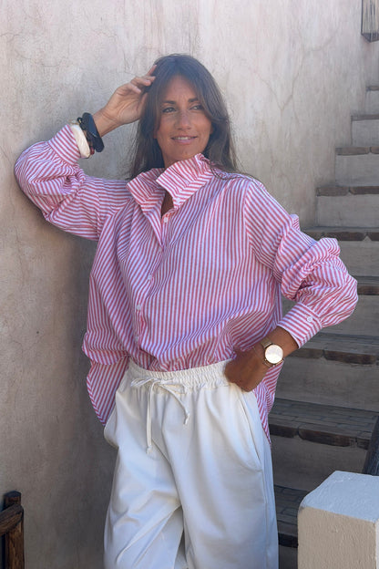 Camisa Blanca Algodón Rayas Coral Cuello Victoriano