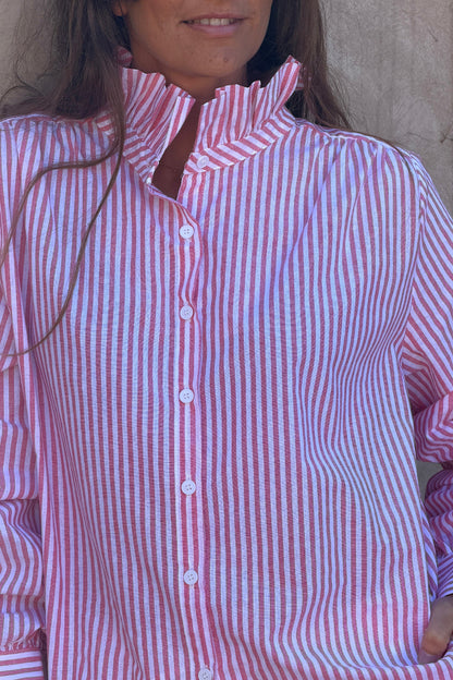 Camisa Blanca Algodón Rayas Coral Cuello Victoriano