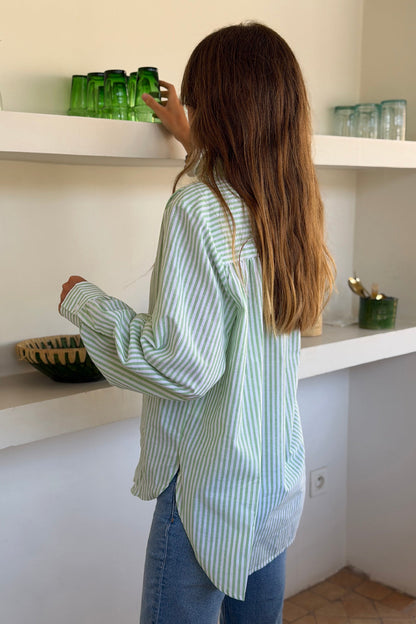 Camisa Blanca Algodón Rayas Verdes Cuello Victoriano