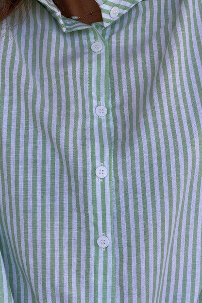Camisa Blanca Algodón Rayas Verdes Cuello Victoriano