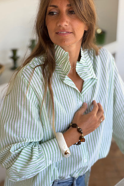 Camisa Blanca Algodón Rayas Verdes Cuello Victoriano